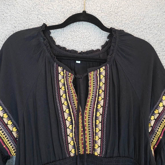 Nostalgia Black Rayon Embroidered Tassel Elastic Waist & Wrist Short Dress Sz L - Picture 2 of 11